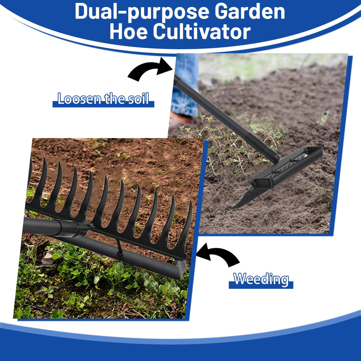 TwinkleTool stirrup-hoe side angle showing weed removal and soil loosening capability