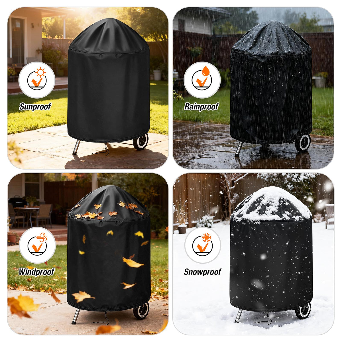 TwoPone round grill cover protecting a charcoal smoker outdoors