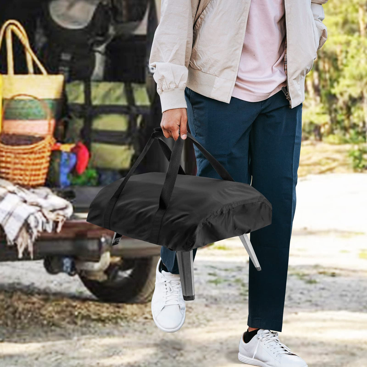 TwoPone portable carry-handle makes outdoor transport easier for picnics and parties.