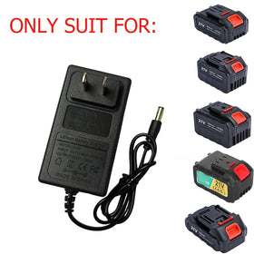 TWRSHE 21V2A charger side angle, ideal for keeping batteries charged for weed wacker use.