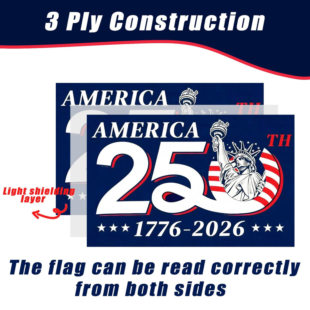 Tyalfrich 250th anniversary flag close up of reinforced edge, durable outdoor use.