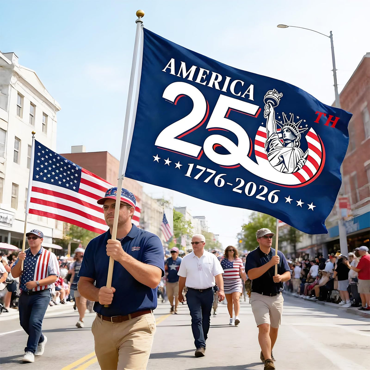 Tyalfrich 250th anniversary flag installation on garden wall for events.