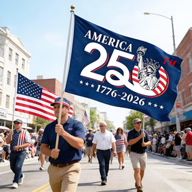 Tyalfrich 250th anniversary flag installation on garden wall for events.