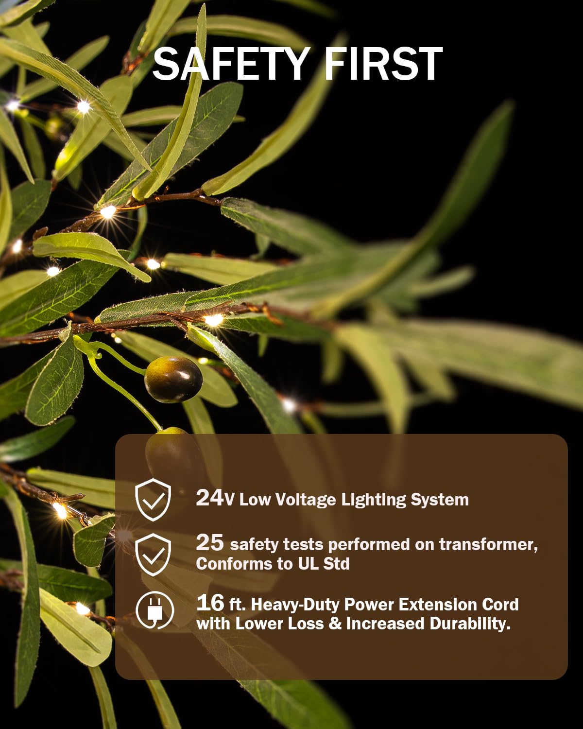 TYBEEU olive tree waterproof power interface supports safe outdoor use.