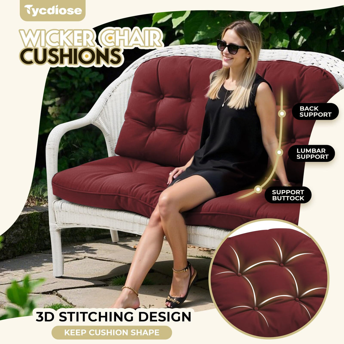 Tycdiose 3-piece set packaging highlights compact, ready-to-use outdoor cushions.