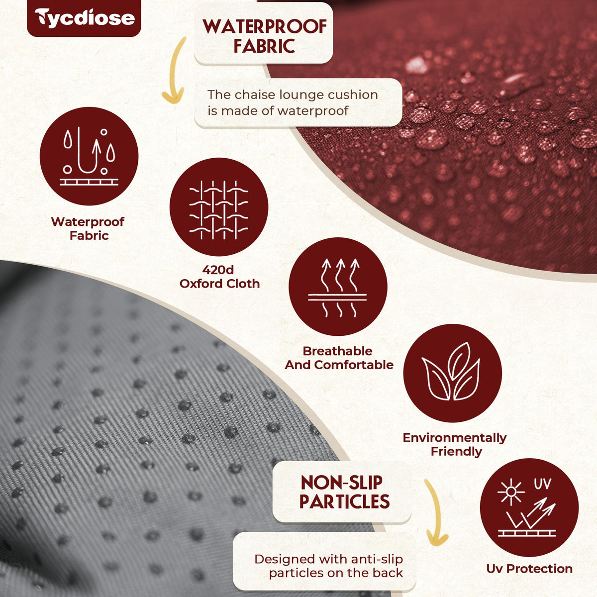 Tycdiose cushion back has anti-slip cover and two securing straps.