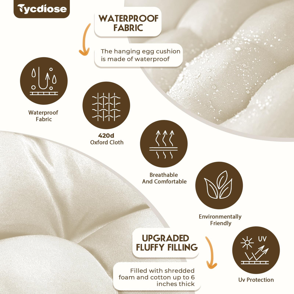 Cream Tycdiose egg chair cushion with plush, breathable filling