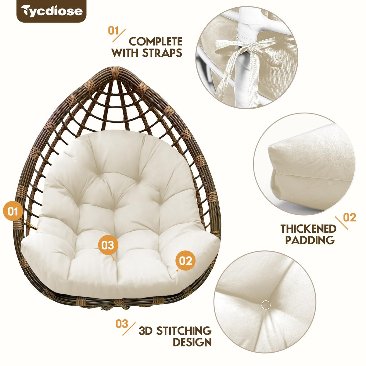 Dimension 47 in L x 33 in W x 7 in H Tycdiose cushion for egg chair