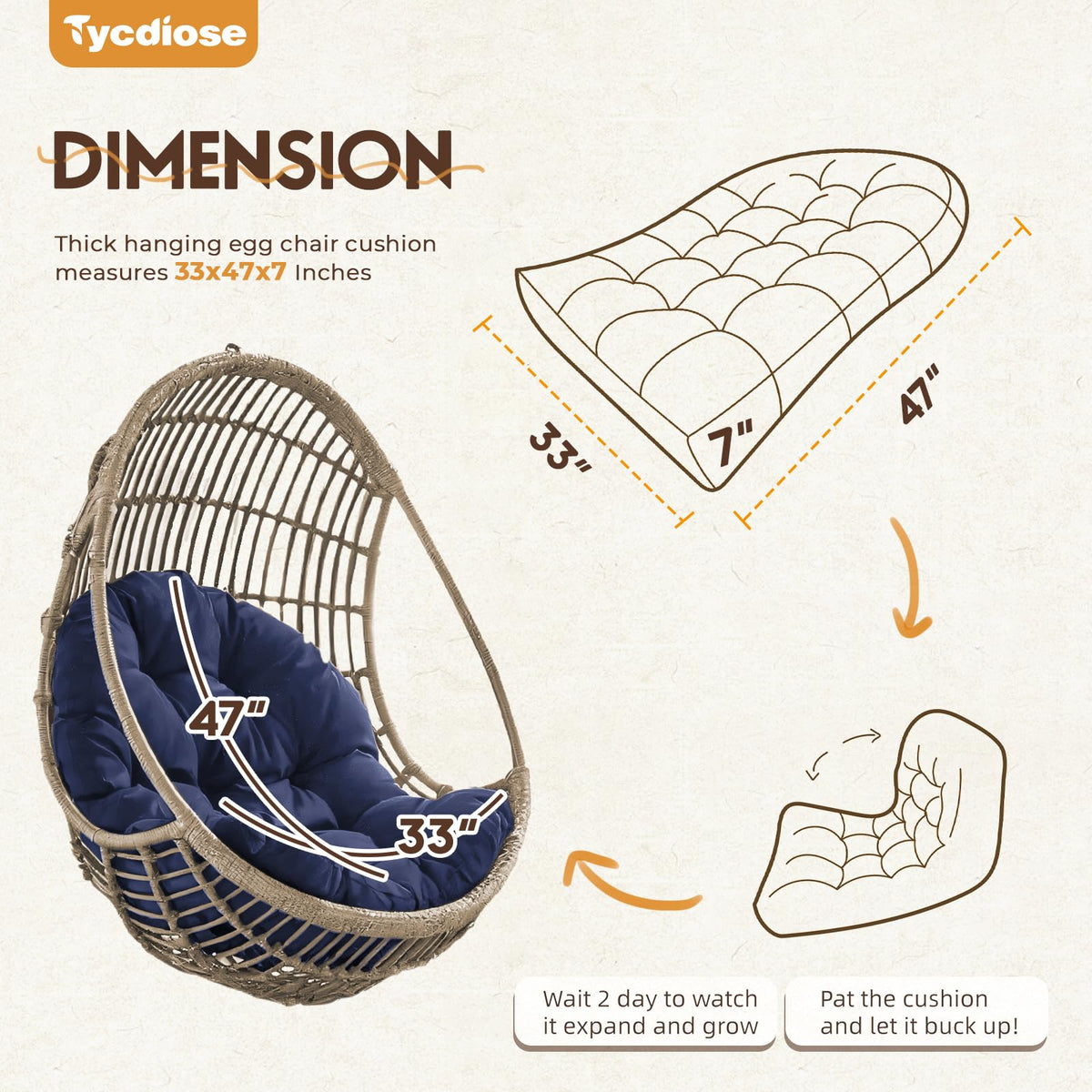 Tycdiose egg chair cushion close-up stitching features 3D seams and durable construction