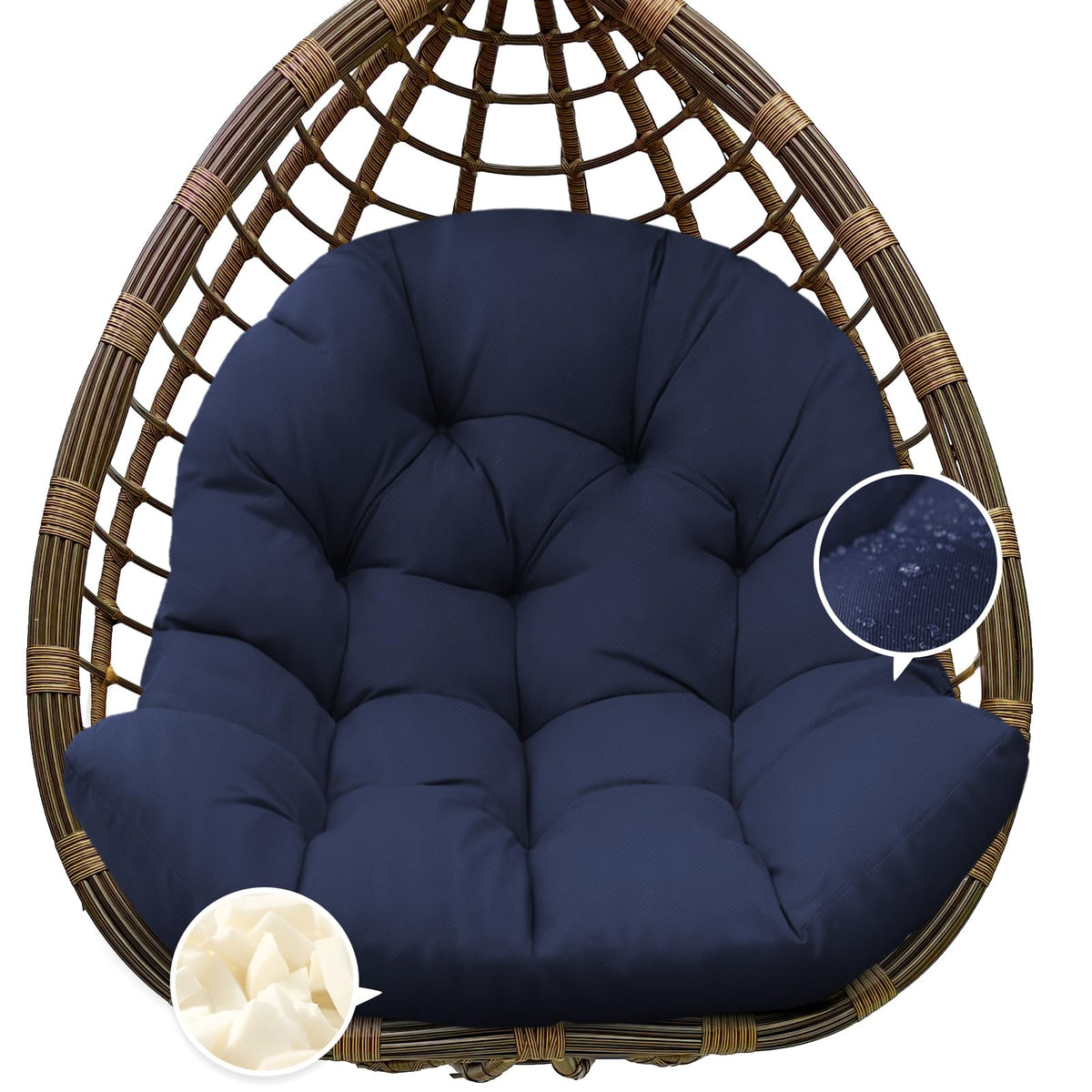 Tycdiose egg chair cushion front view highlighting 7-inch thick plush support for outdoor lounging