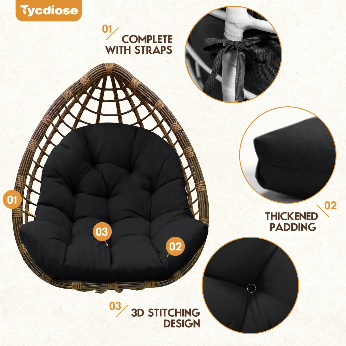 Tycdiose cushion provides plush 7-inch thick filling for supportive lounging.