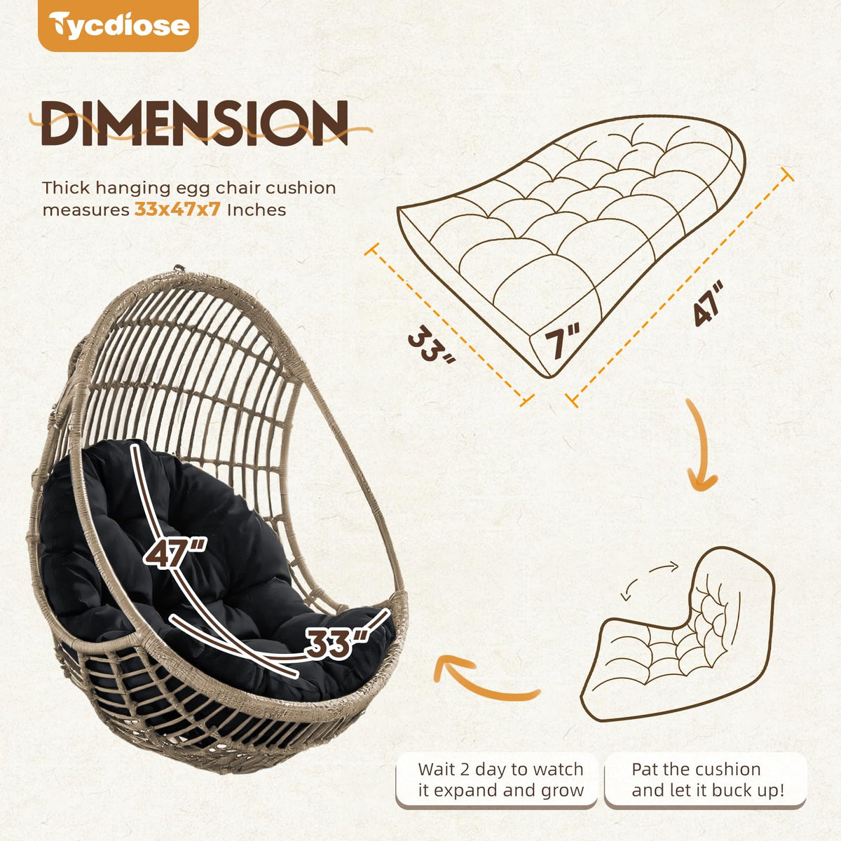 Tycdiose egg chair cushion in waterproof Oxford fabric ideal for outdoor use.