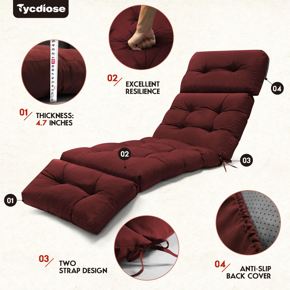 Tycdiose outdoor cushion designed with concave-convex surface for better support.