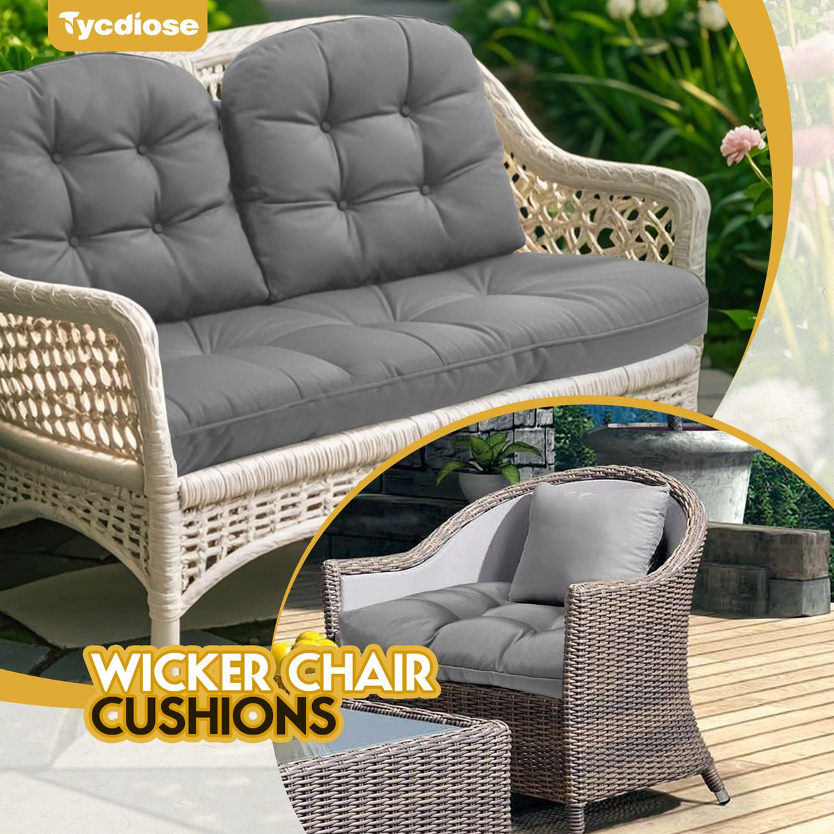 Tycdiose size-ready cushions help ensure proper fit for wicker chairs.