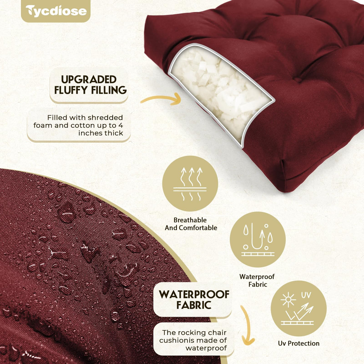 Tycdiose memory-crushed foam cushions provide dense, long-lasting support outdoors.