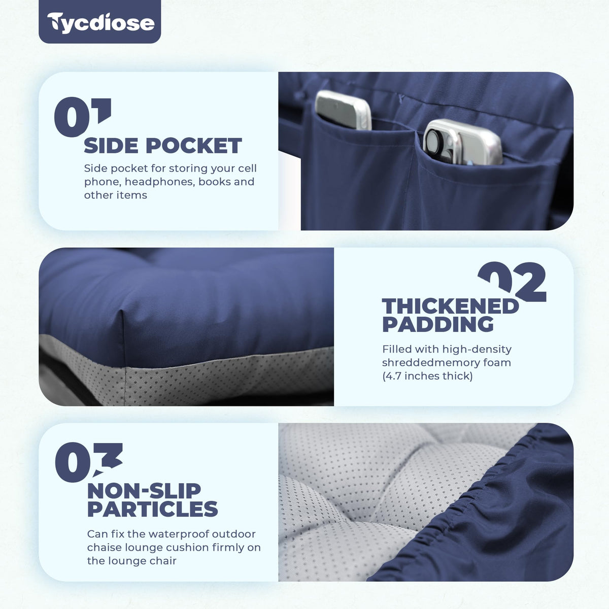 Tycdiose blue cushion side pocket provides convenient storage for phone or book