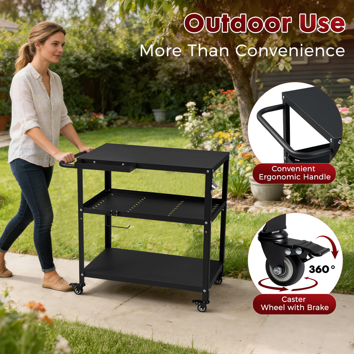 Tyfnry grill cart table with four lockable wheels for stability during cooking