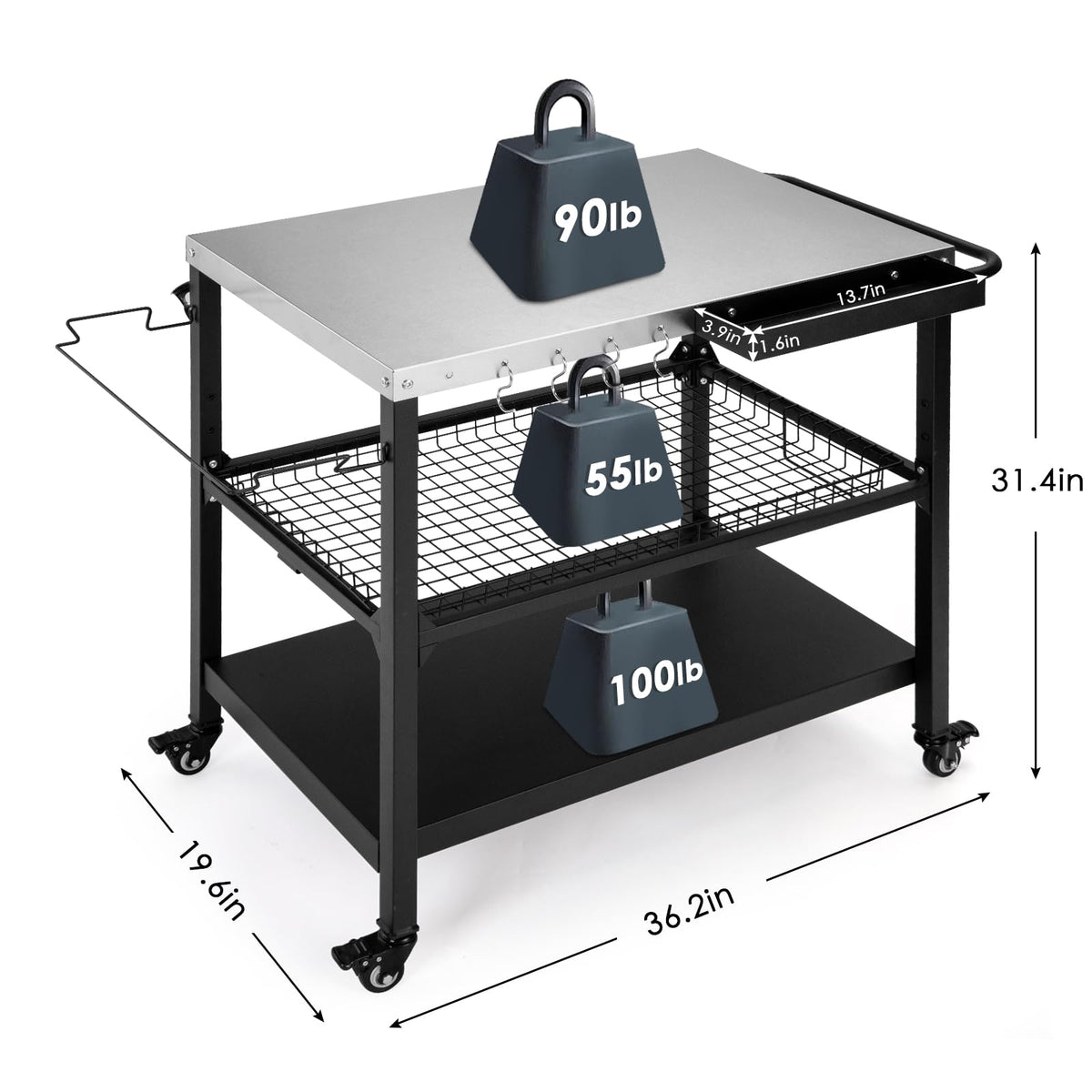 Tyfnry Outdoor Grill Cart with five hooks for utensils and towels.