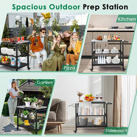 Tyfnry Outdoor Grill Cart showing adjustable mesh rack for air drying cookware.