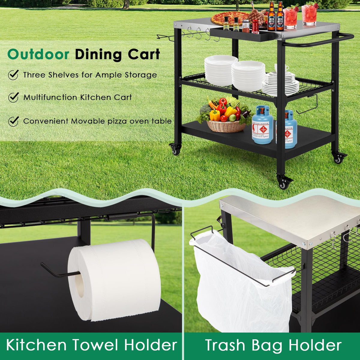 Tyfnry Outdoor Grill Cart featuring lockable wheels for portable, stable movement.
