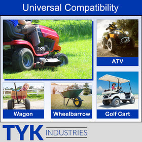 Multi-fitment design indicates compatibility with mowers, wagons, and go-karts