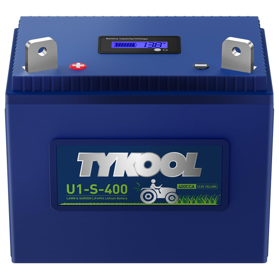 TYKOOL 400CCA 8Ah battery front view, compact for easy installation