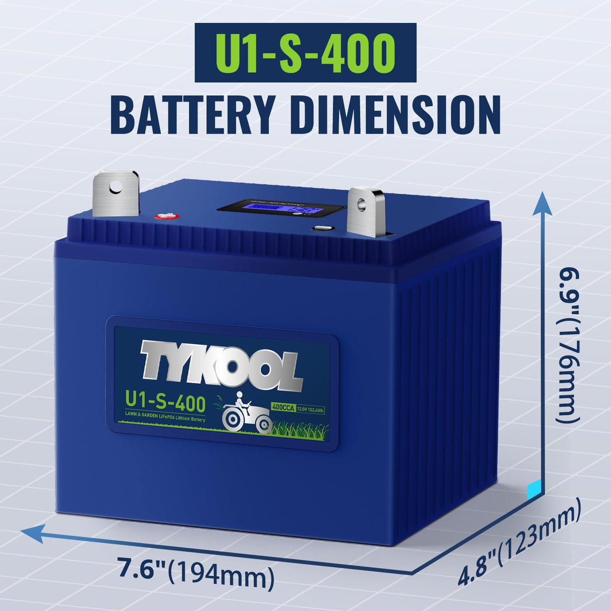 TYKOOL U1 battery side profile, lightweight upgrade for ride-on mowers