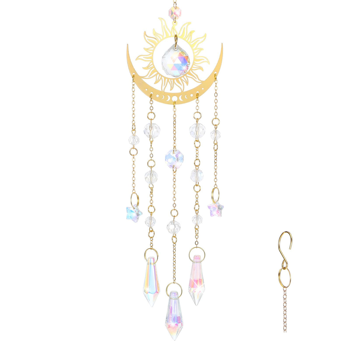 Tyqour crystal suncatcher with gold flame moon pendant catching bright rainbow light