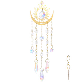 Tyqour crystal suncatcher with gold flame moon pendant catching bright rainbow light