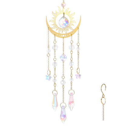 Tyqour crystal suncatcher with gold flame moon pendant catching bright rainbow light