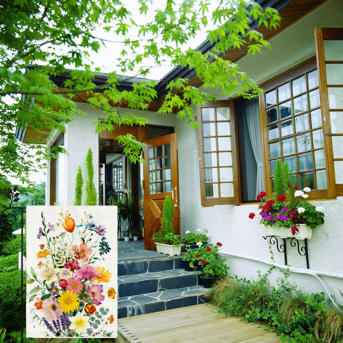 TZIFQO Farmhouse courtyard decor adds seasonal charm near porch.