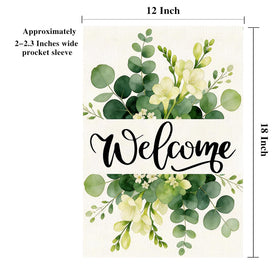 TZIFQO Green eucalyptus leaves garden flag enhances outdoor welcome near the front door.