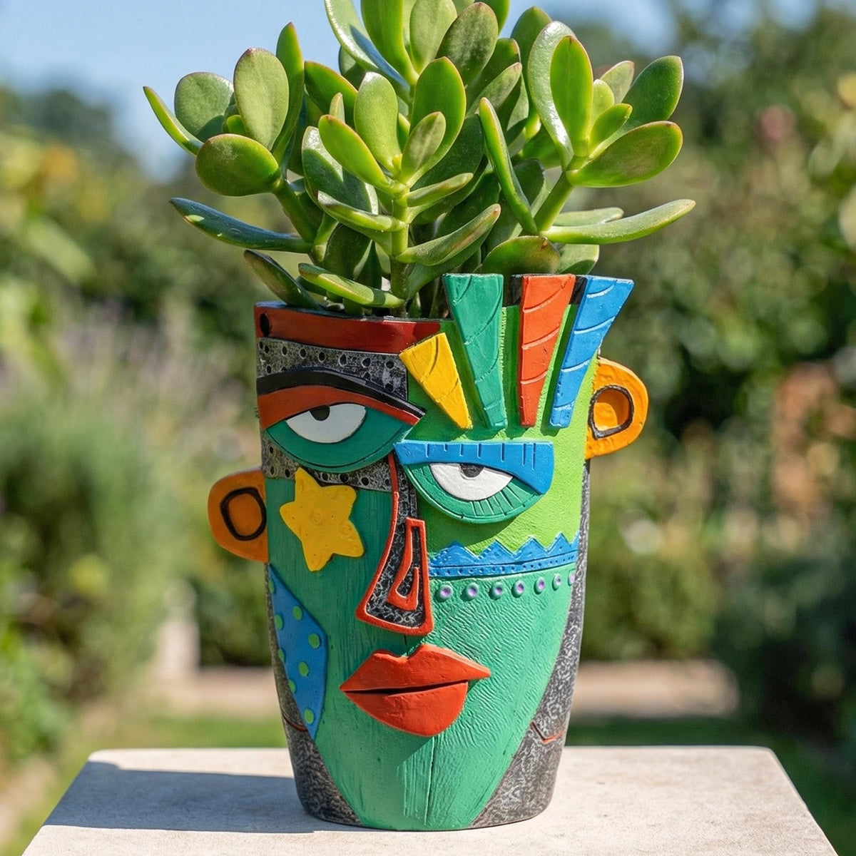 U WONDERFUL abstract Picasso face pot closeup with bold colors for modern interiors.