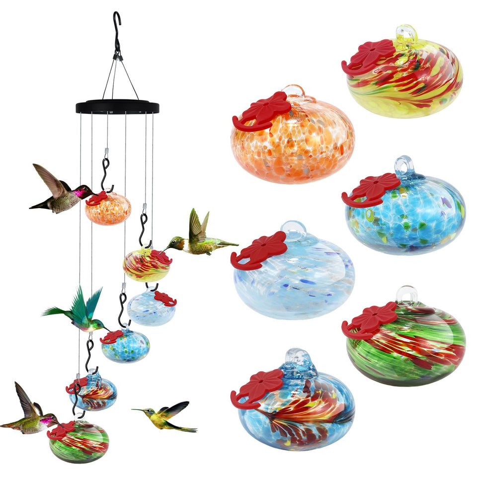 UAYNFY glass hummingbird feeder wind chime with colorful glass balls in a garden