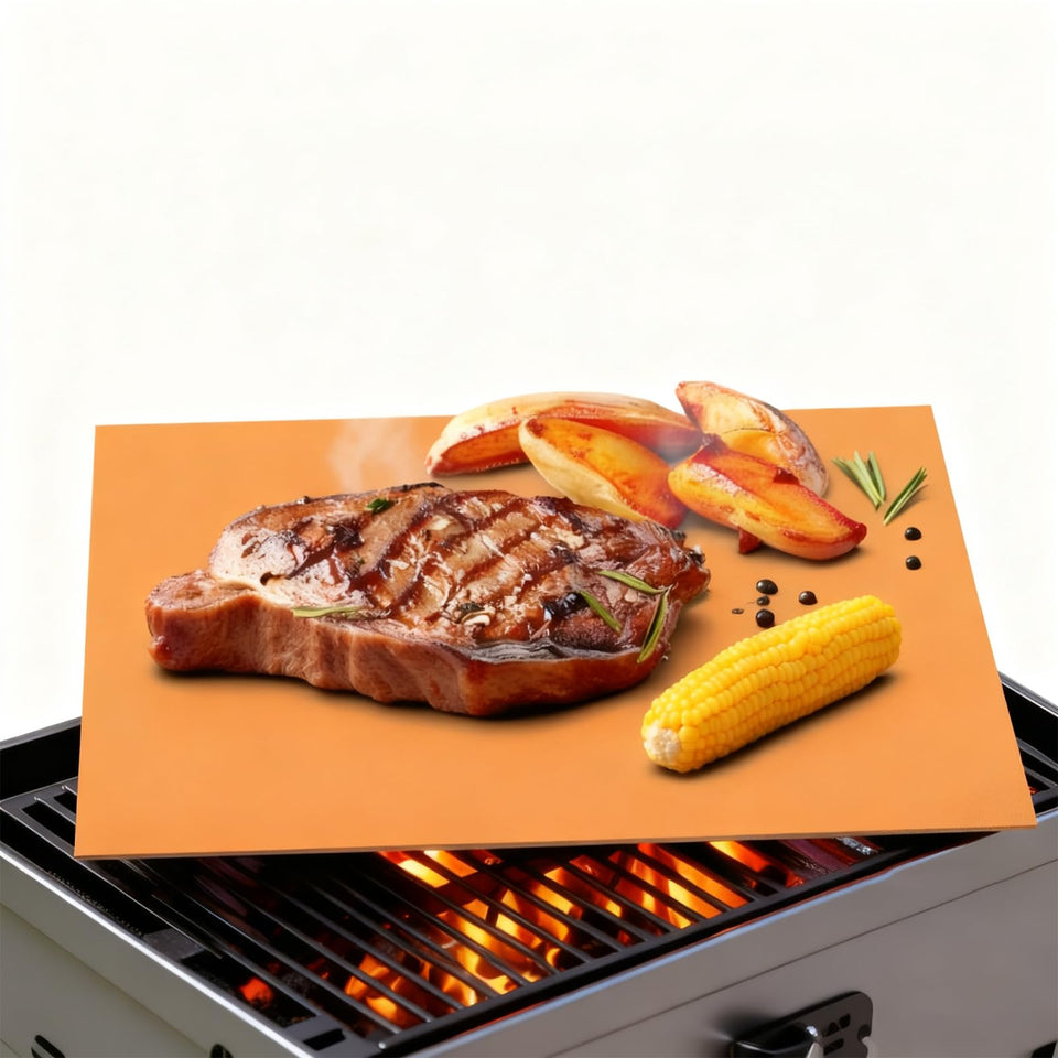 UBeesize Copper Grill Mat on grill surface prevents sticking and food loss.
