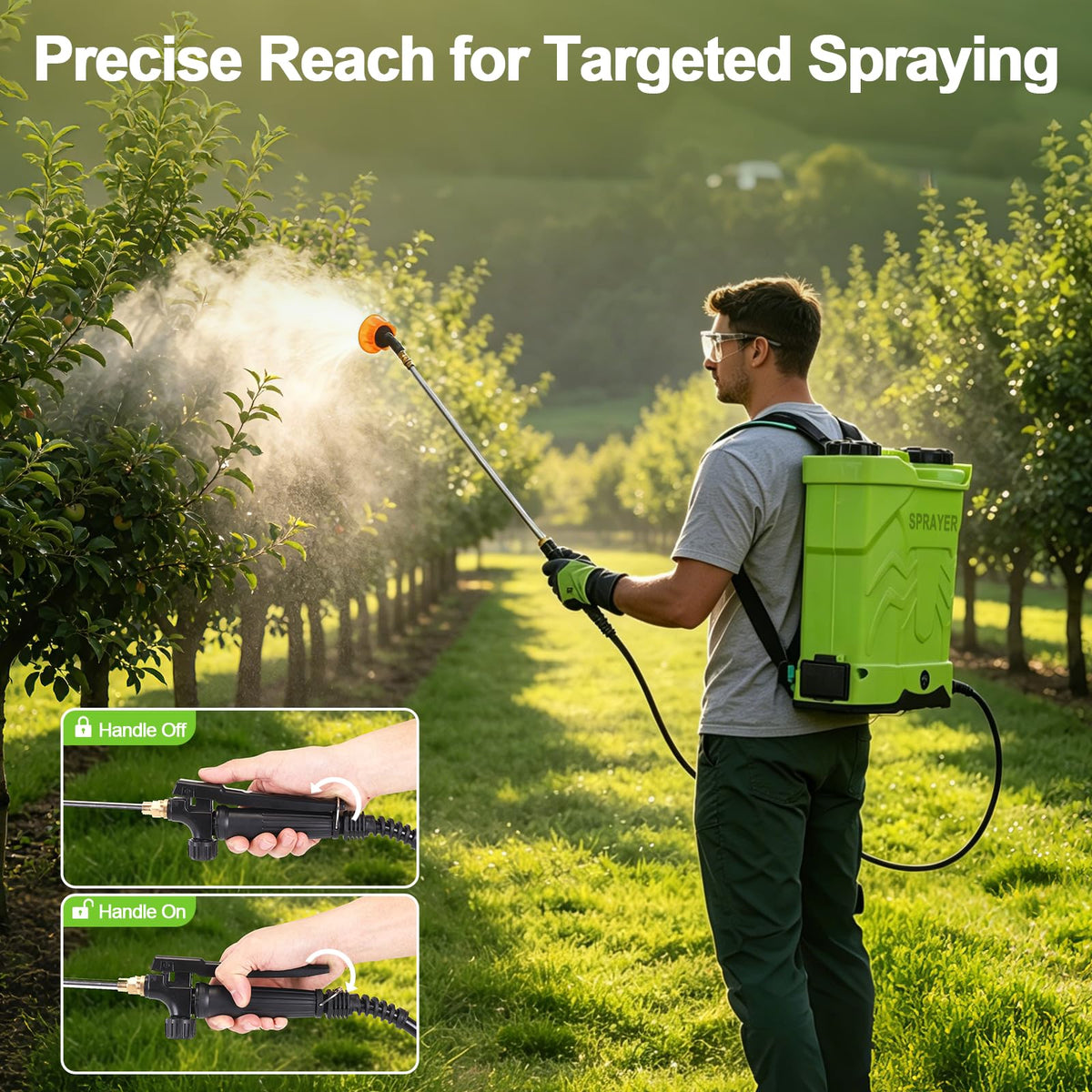 Digital battery display helps monitor power during spraying sessions.