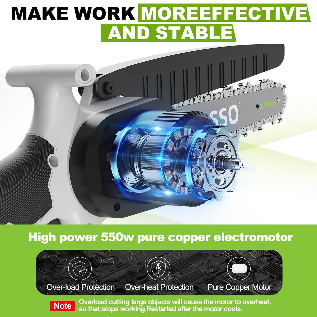 UCCOSSO 6-inch chainsaw cutting a branch demonstrates fast, clean pruning capability.