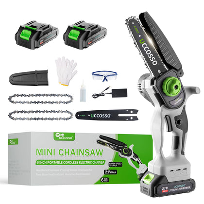 UCCOSSO 6-inch mini chainsaw on a workbench demonstrates compact power for quick garden tasks.