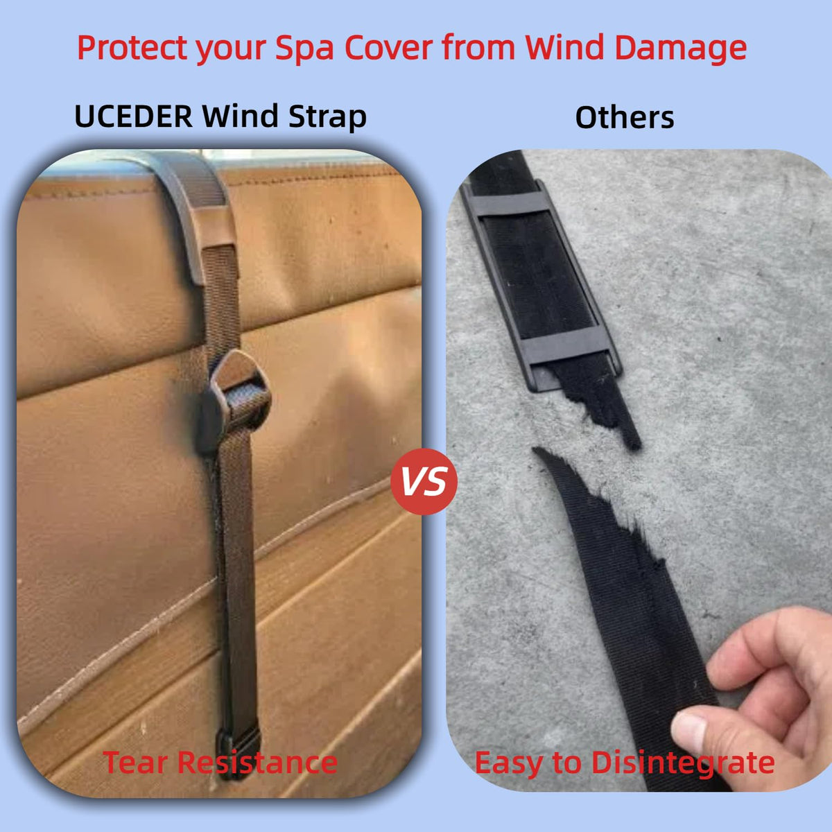 UCEDER straps extended to 11 feet maximum spa cover length.