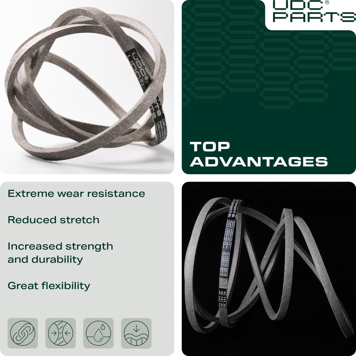Installation-ready belt replacement visual for compatible mowers.