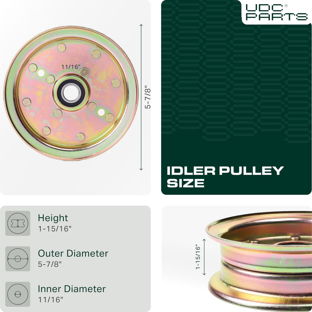 UDC Parts 539132728 idler pulley dimensions illustrated for proper 46-inch deck fit