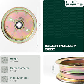 UDC Parts 539132728 idler pulley dimensions illustrated for proper 46-inch deck fit
