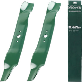 UDC Parts 942-0610A mulching blades side view for 38-inch decks, showing fit and durability