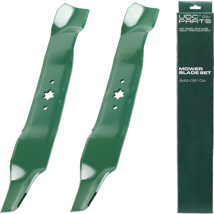 UDC Parts 942-0610A mulching blades side view for 38-inch decks, showing fit and durability