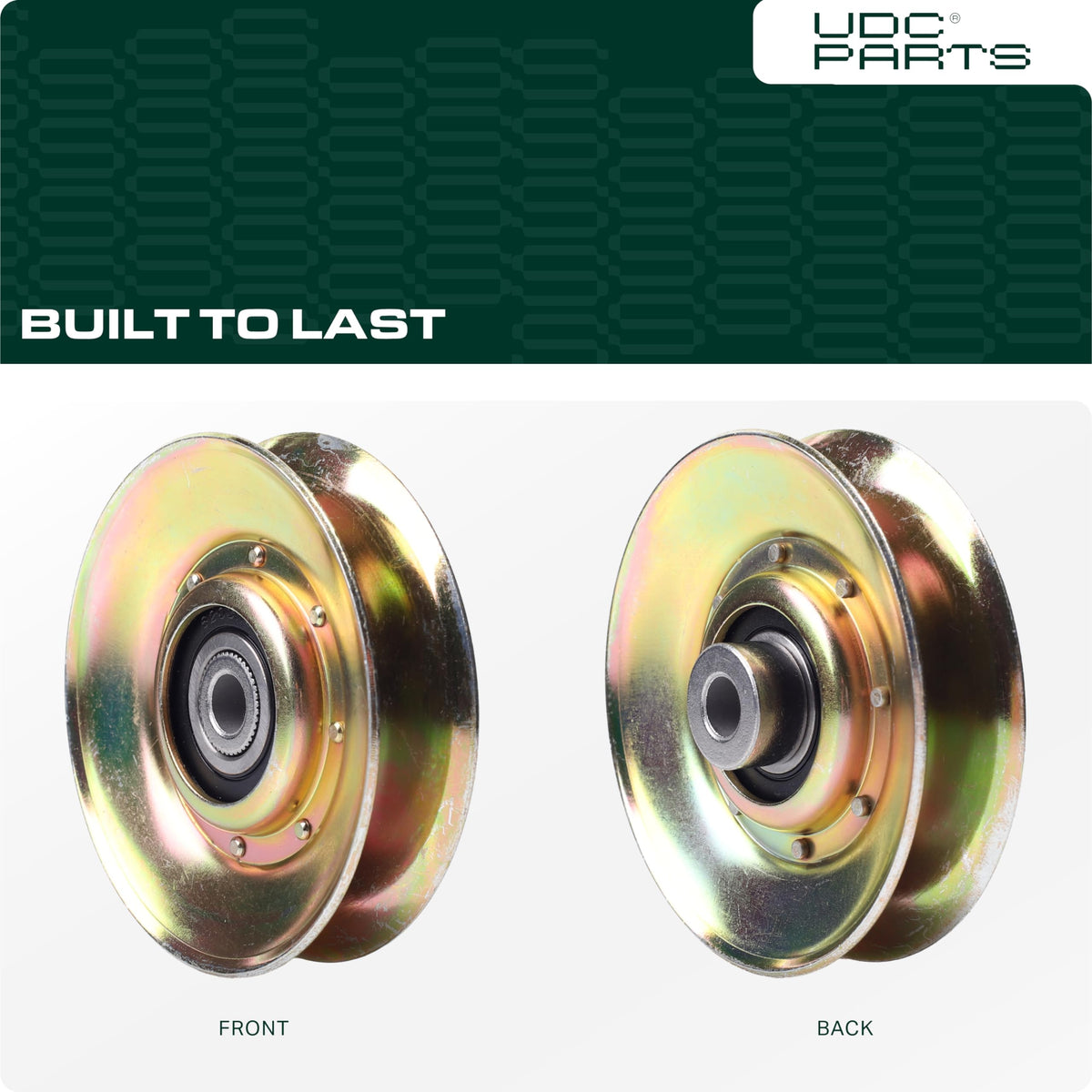 UDC Parts idler pulley replacement with dimension label for exact mounting.