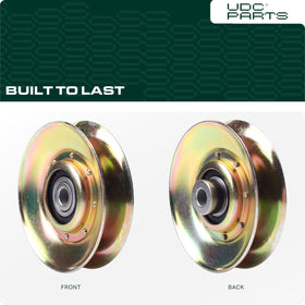 UDC Parts idler pulley replacement with dimension label for exact mounting.