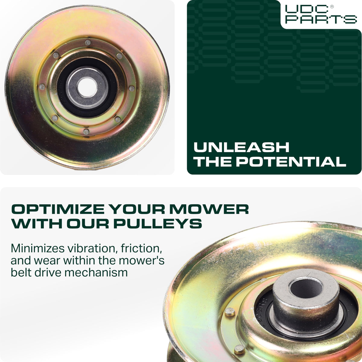 UDC Parts idler pulley replacement mounted on a lawn tractor for broad compatibility.