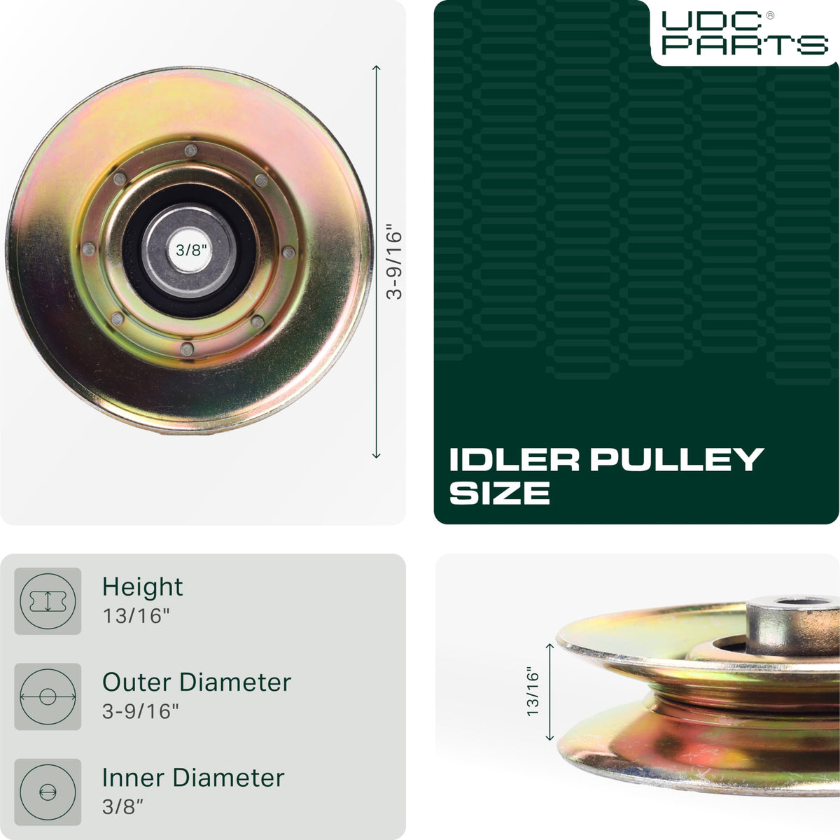 UDC Parts idler pulley replacement side view for compatibility check.
