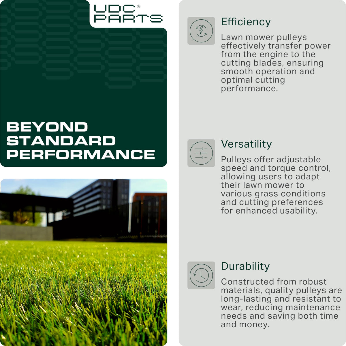 UDC Parts YT-series idler pulley supports yard tractors with proper alignment.