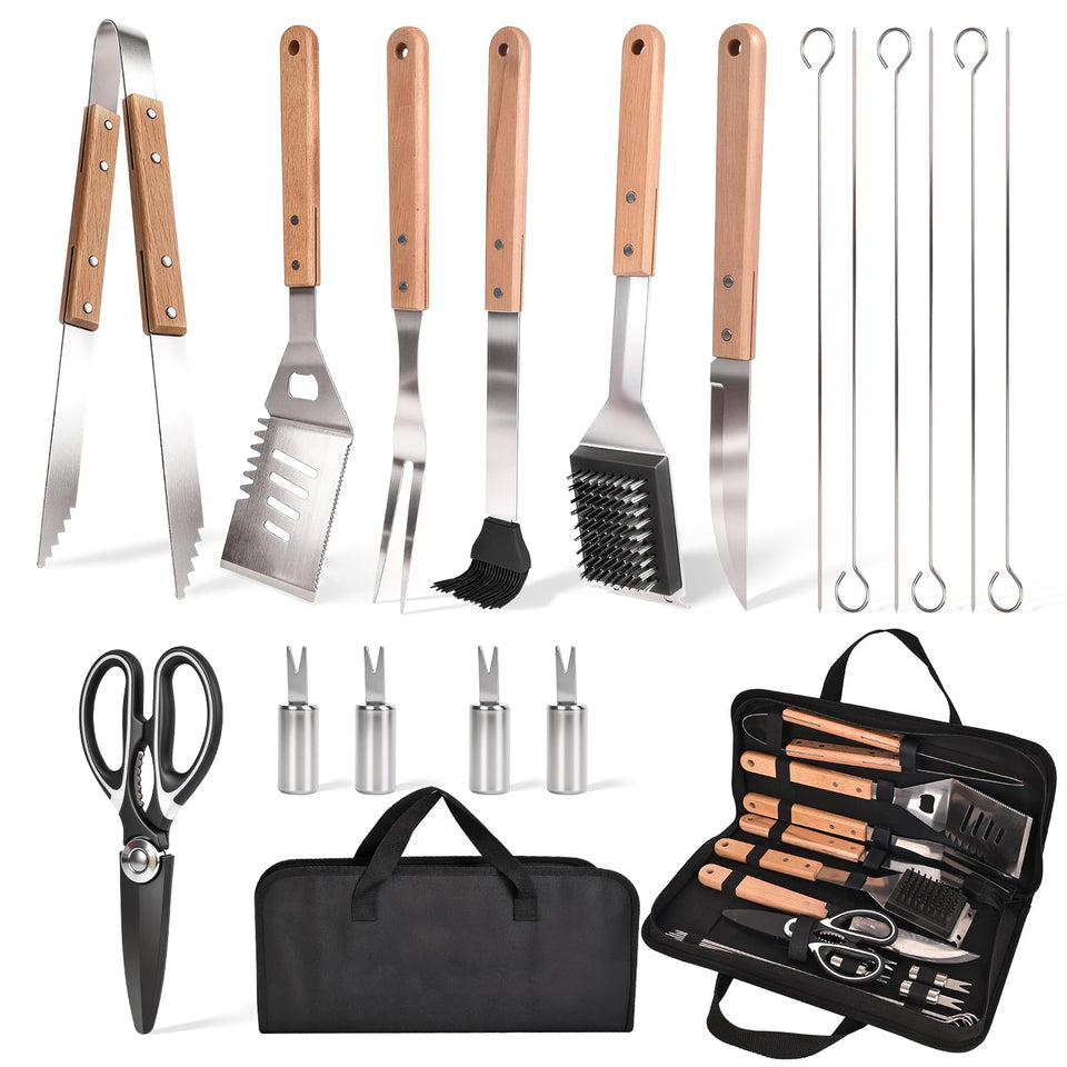 Udihch 18-piece grill set ready for outdoor cooking with comprehensive tool options.